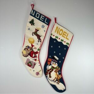 Set of 2 VTG Noel Needlepoint XMAS Stockings Santa Snowman Reindeer Handmade